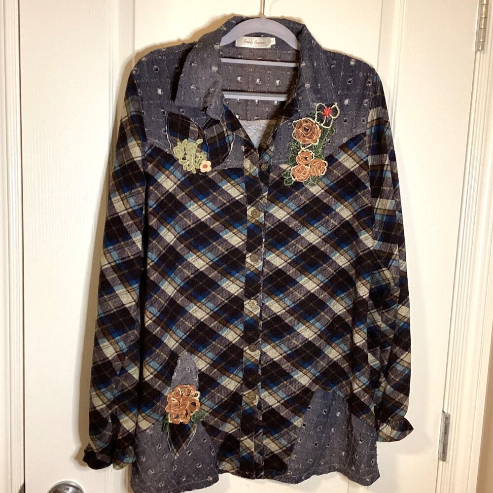 Simply Couture Womens Button Down Floral Applique Blouse Size XL Western Cowgirl